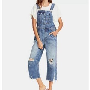 We The Free Light Blue Distressed Denim Overalls